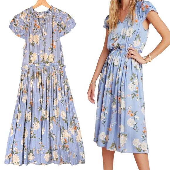 Current Air Pleated Midi Dress Floral Womens SIZE MEDIUM Silky Baby Blue Cottage - Picture 1 of 13
